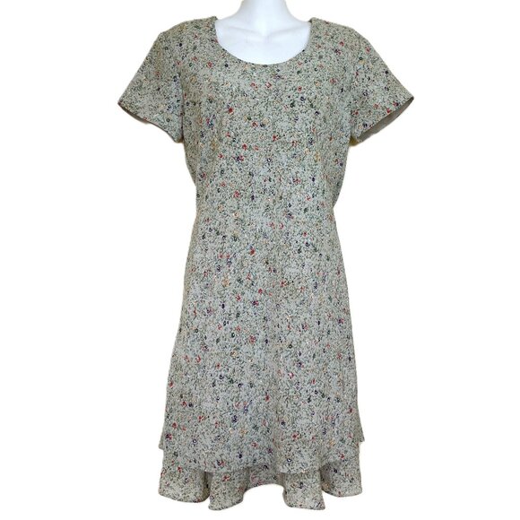 Northern Traditions Short Sleeve Dress 90s Layered Green Calico Floral Print - Picture 1 of 5